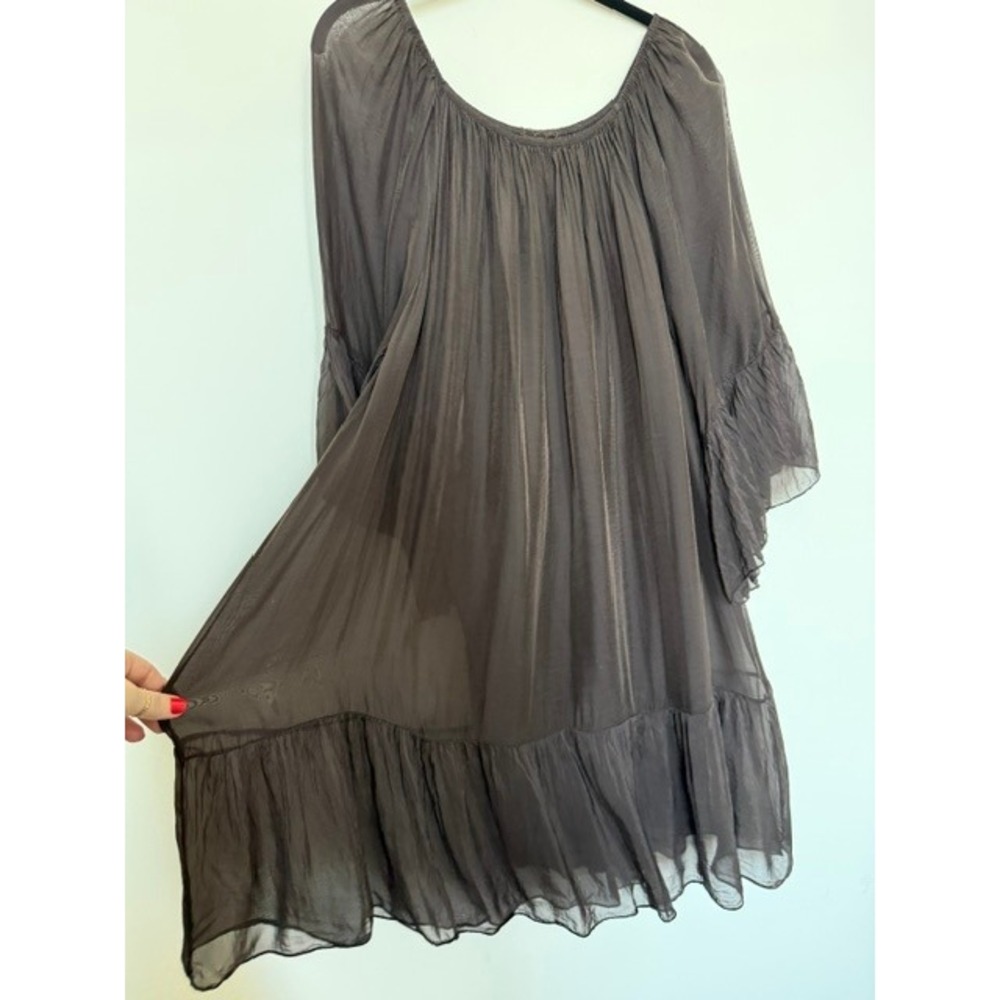 Chocolate Brown Silk Blend Boho Off Shoulder Flowy Dress | Peasant Mini | M/L - Picture 3 of 9